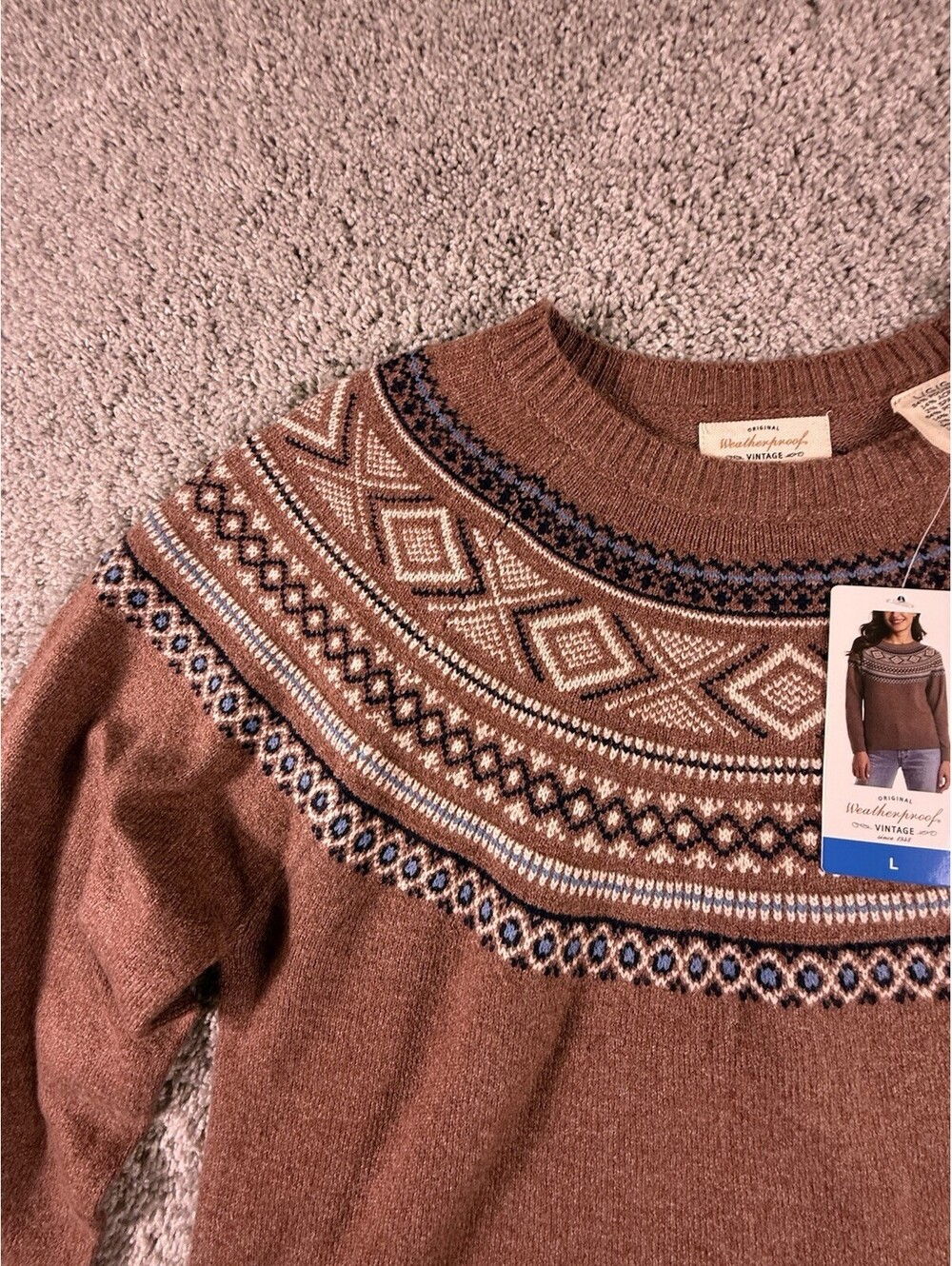Weatherproof Vintage Women's L Fair Isle Crewneck Sweater Copper Polyester NWT - Picture 5 of 13